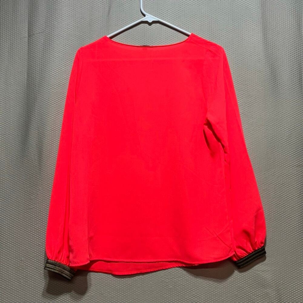 Stella & Dot Soiree Neon Orange Coral Blouse Metallic Striped Cuffs Women's M - Picture 9 of 9